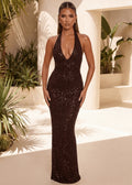 All The Right Reasons Sequin Backless Maxi Dress Brown