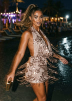 New Vibrations Cowl Tassel Mini Dress Brown