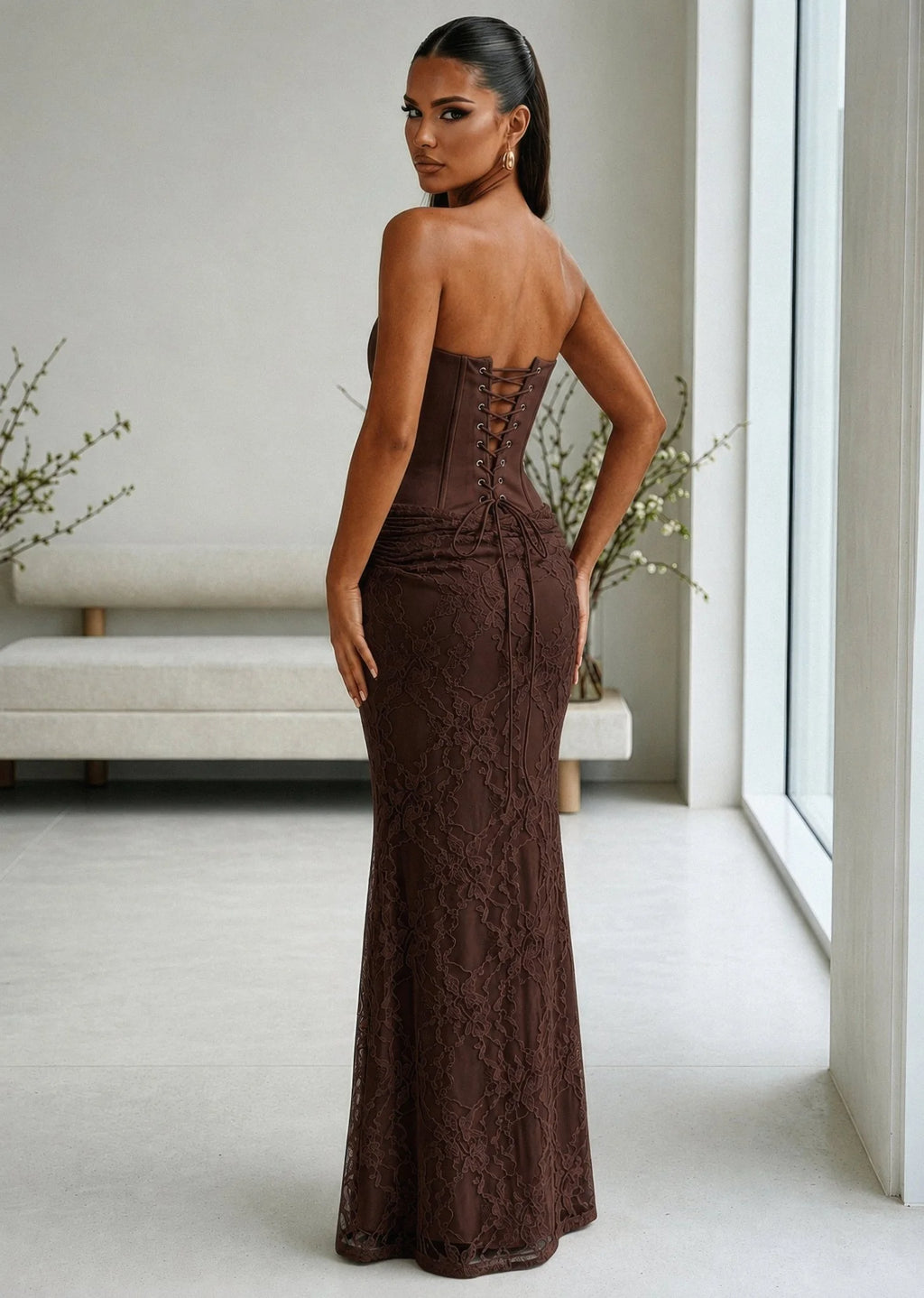 Delicate Desire Corset Lace Maxi Dress Brown