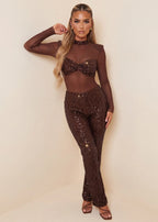 Own The Night Sequin Jumpsuit Brown