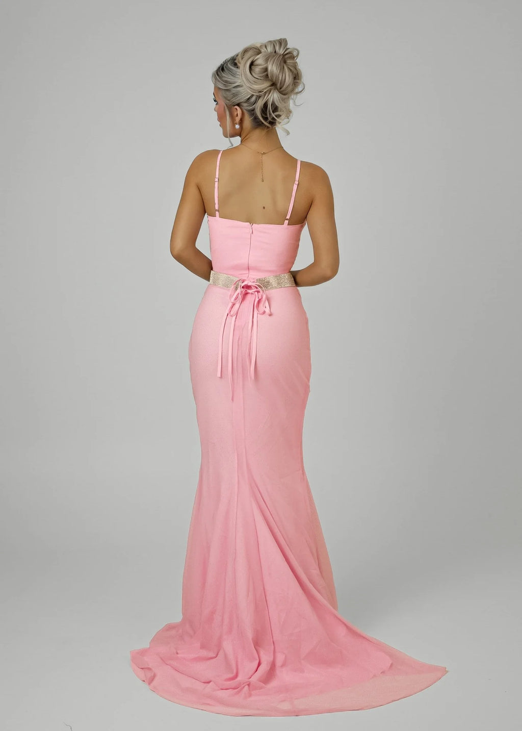 Secret Love Glitter Mesh Gown with Diamante Belt Pink