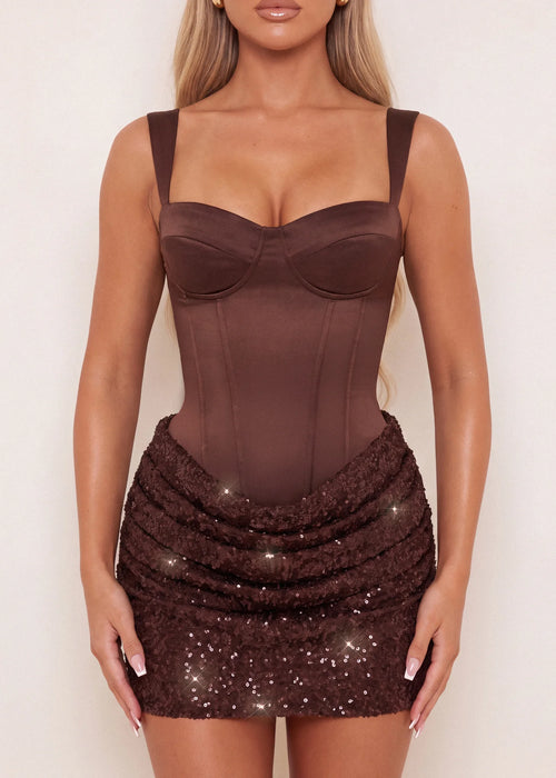 All Night Long Satin Corset Mini Dress Brown