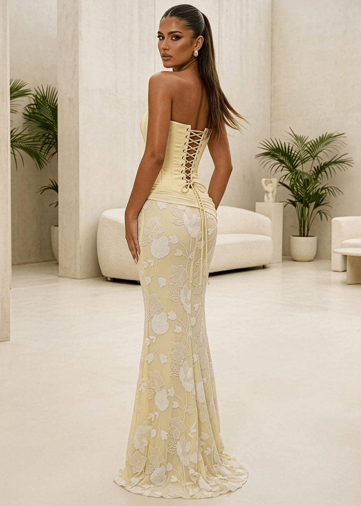 Impossible Desire Corset Embellished Maxi Dress Yellow