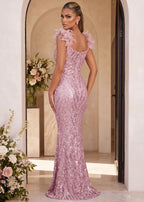 Evening Allure Sequin Feather Gown Pink