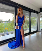 Touch of Glamour Satin Gown with Side Slit Cobalt Blue