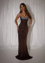 Diamond Elegance Embellished Mesh Maxi Dress Brown