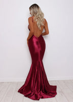 Love Affair Satin Gown with Ruched Back Wine