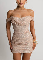 Iconic Fantasy Cowl Neck Sequin Mini Dress Rose Gold