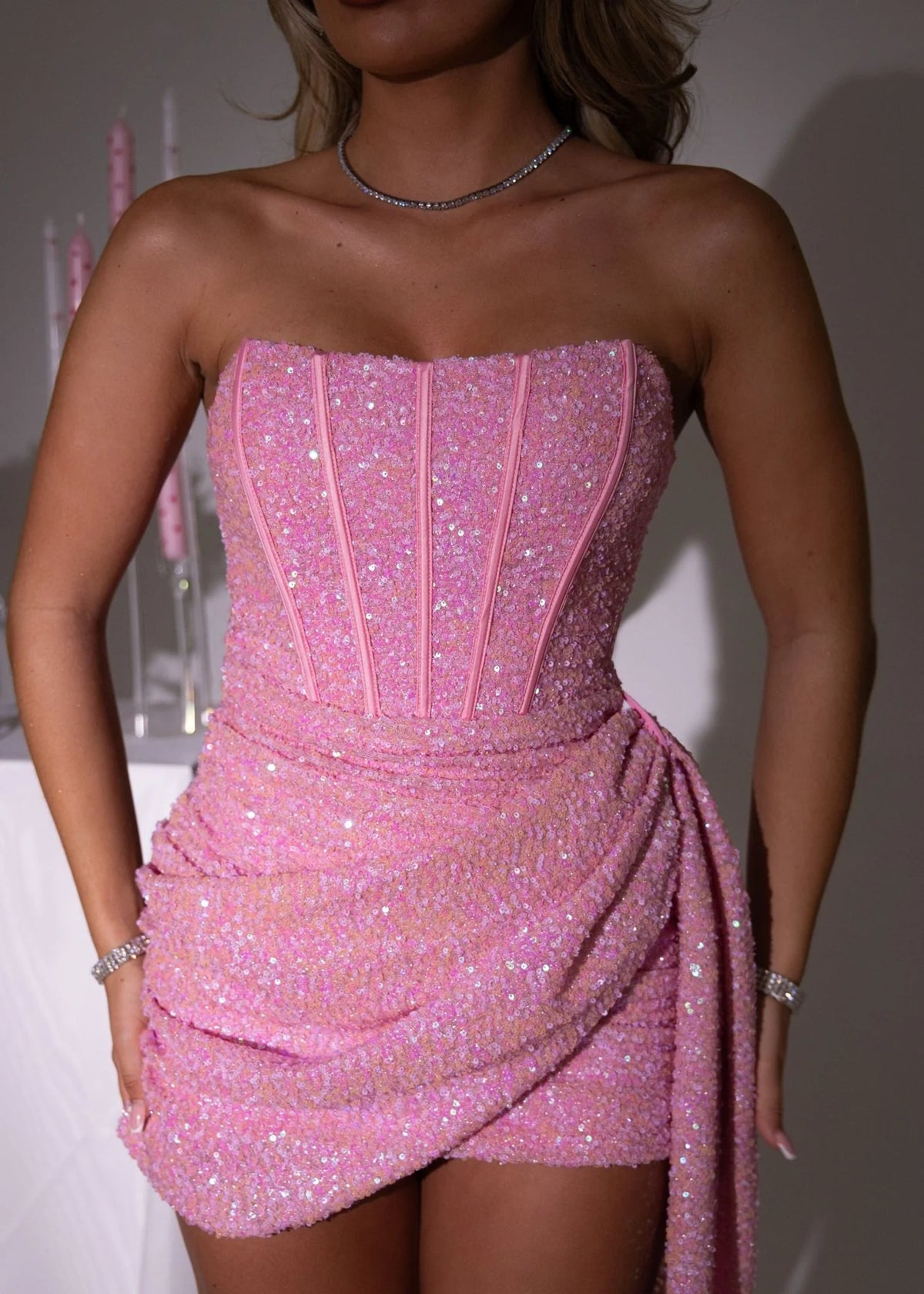 Endless Serenade Sequin Drape Mini Dress Pink