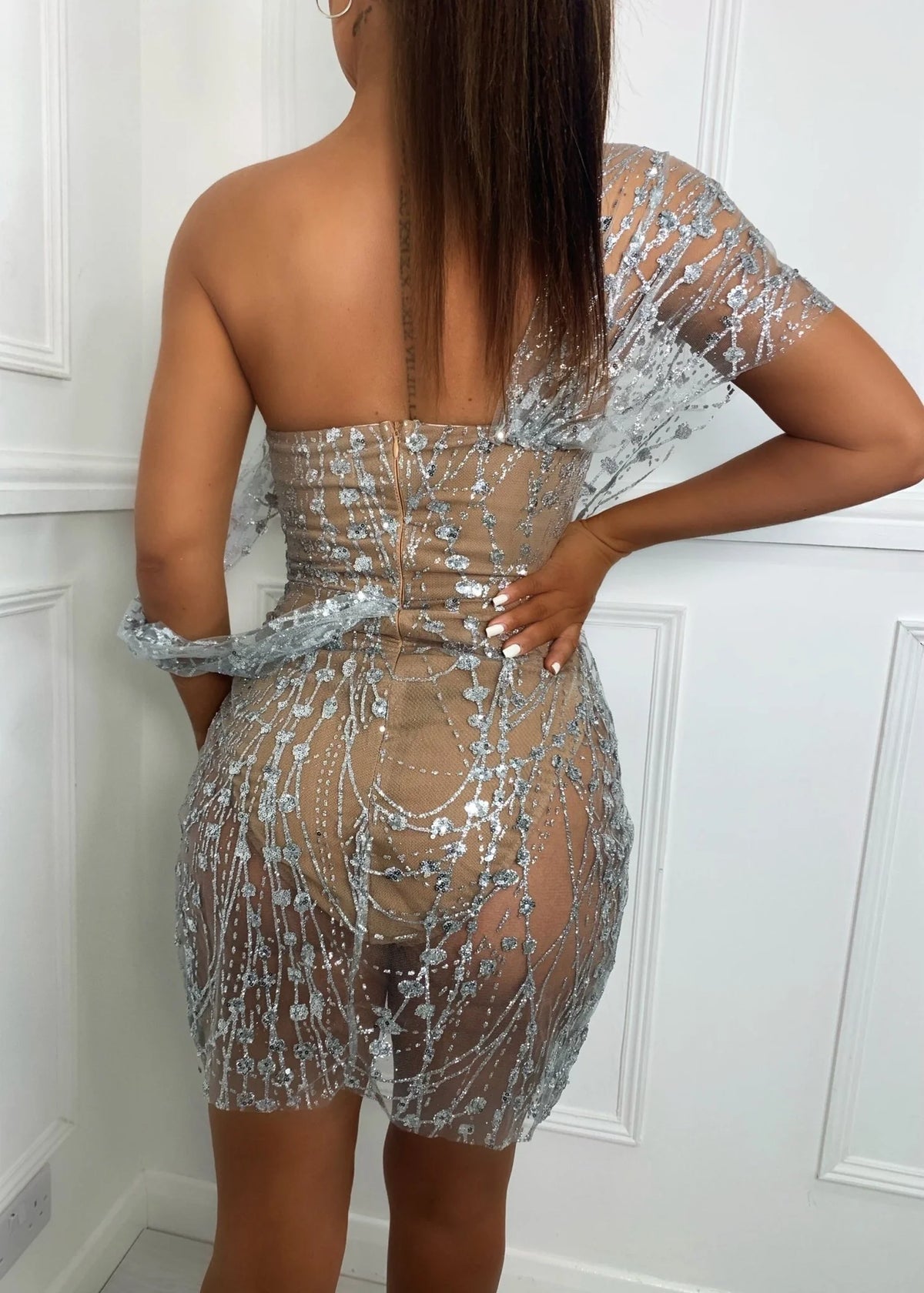 Sparkle Delight Glitter Mesh Dress Silver