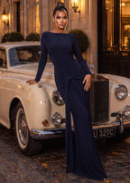 Night To Remember Backless Long Sleeve Maxi Dress Navy