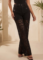 Need A Reason Lace Panel Sparkle Jeans Black