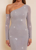 Show Stopper Asymmetric Long Sleeve Maxi Dress Silver