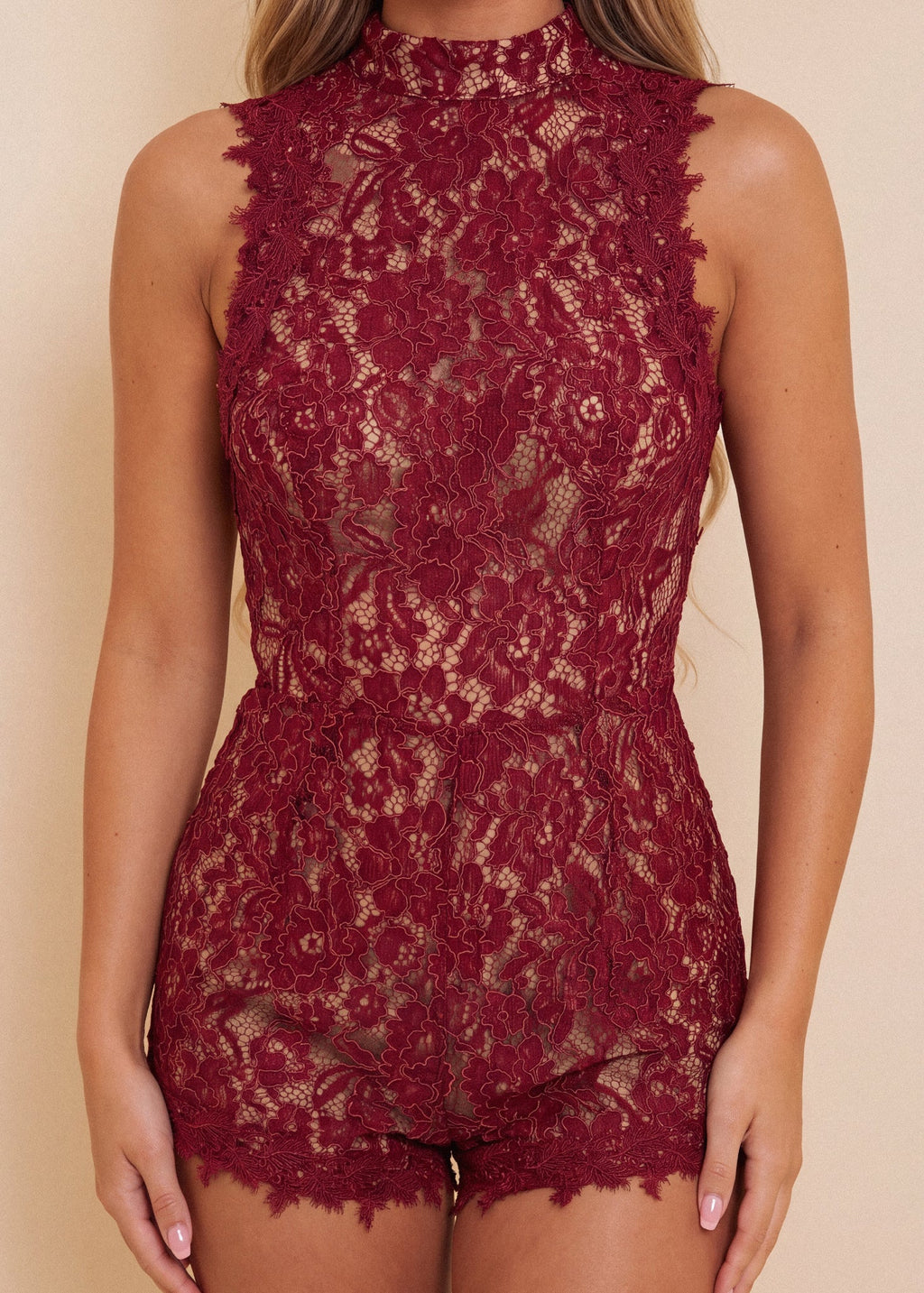 Flawlessly Lost Lace Backless Playsuit Burgundy