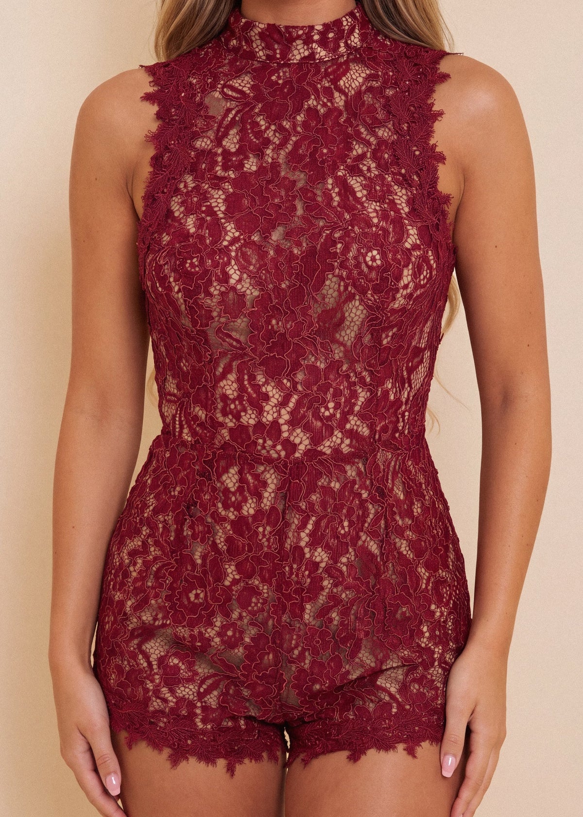 Flawlessly Lost Lace Backless Playsuit Burgundy