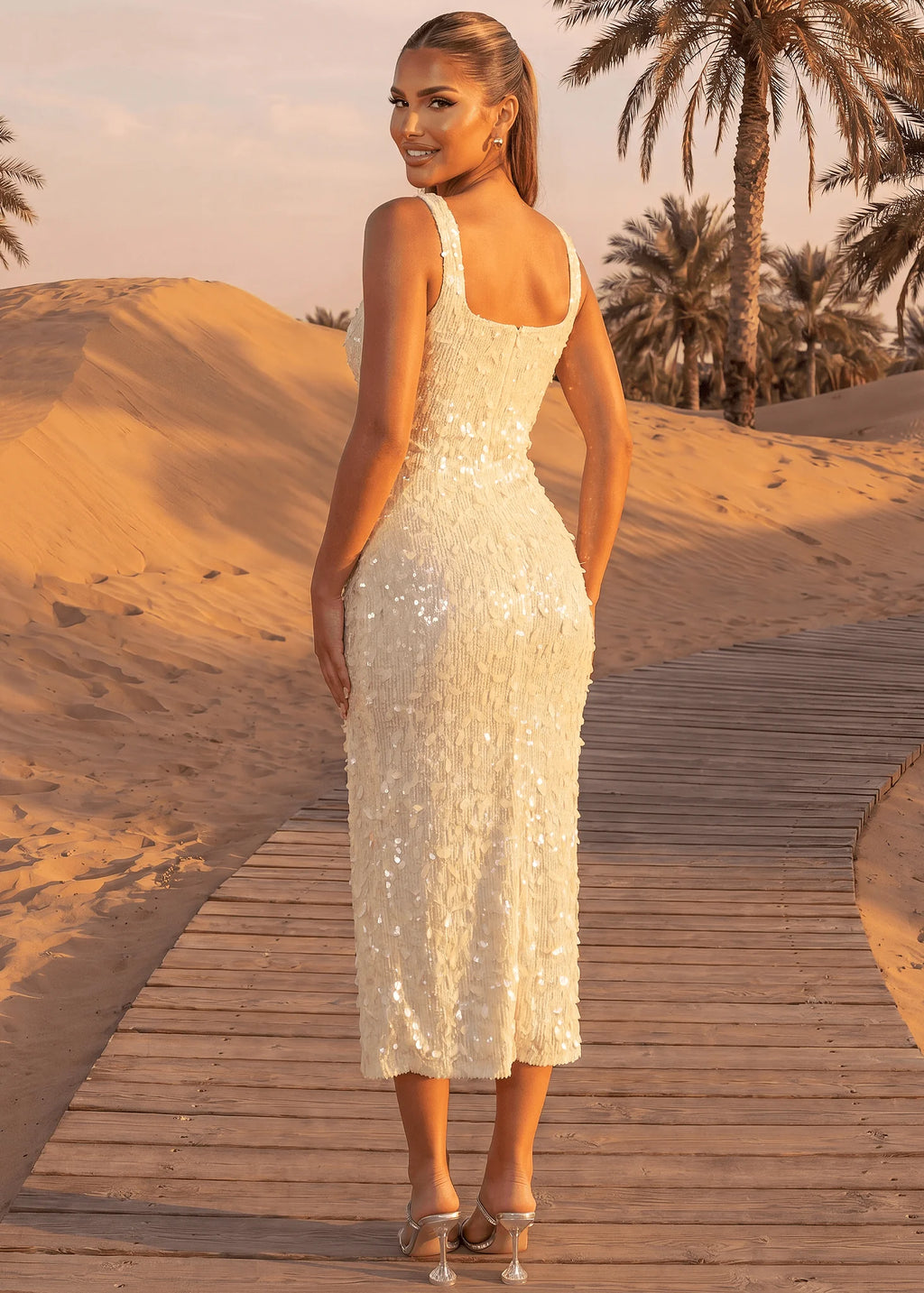 Flutter Away Sequin Midi Dress Yellow