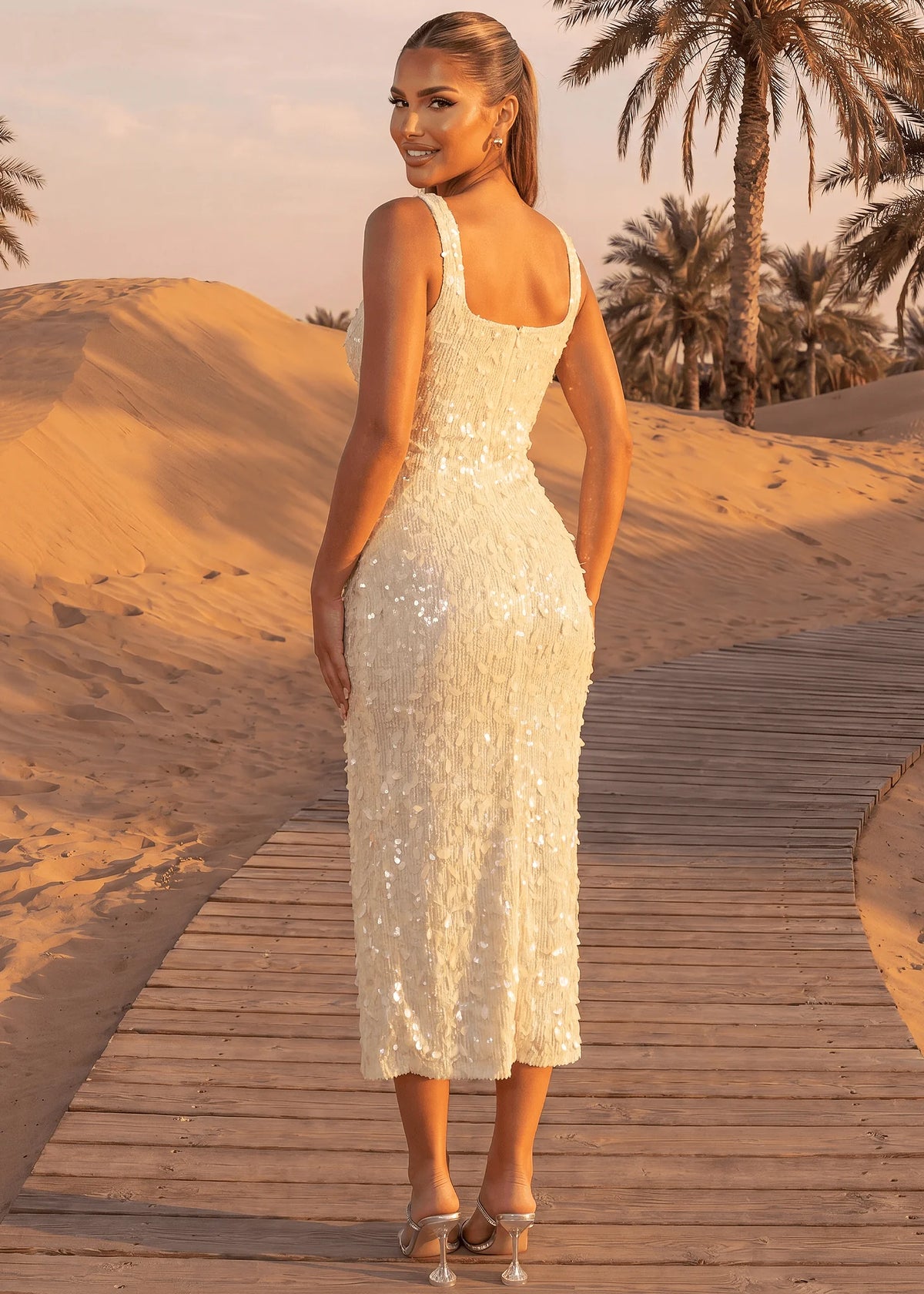 Flutter Away Sequin Midi Dress Yellow