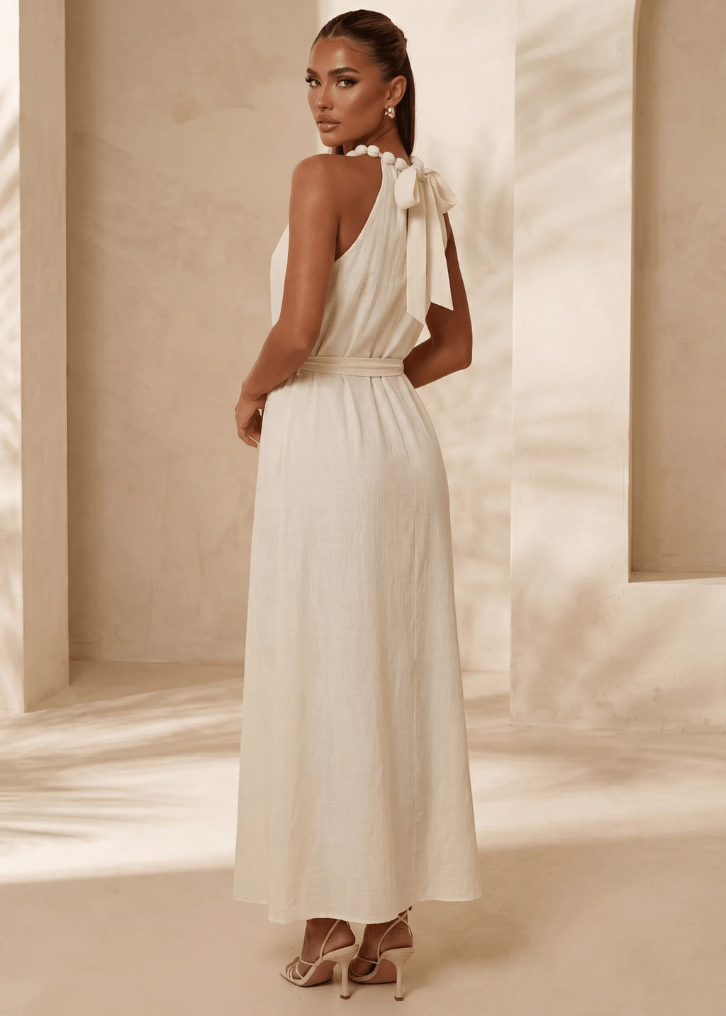 One More Day Floaty Tie Detail Maxi Dress Beige