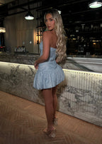 Faithful Hearts Asymmetric Hem Puffball Mini Dress Blue