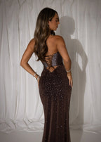 Diamond Elegance Embellished Mesh Maxi Dress Brown