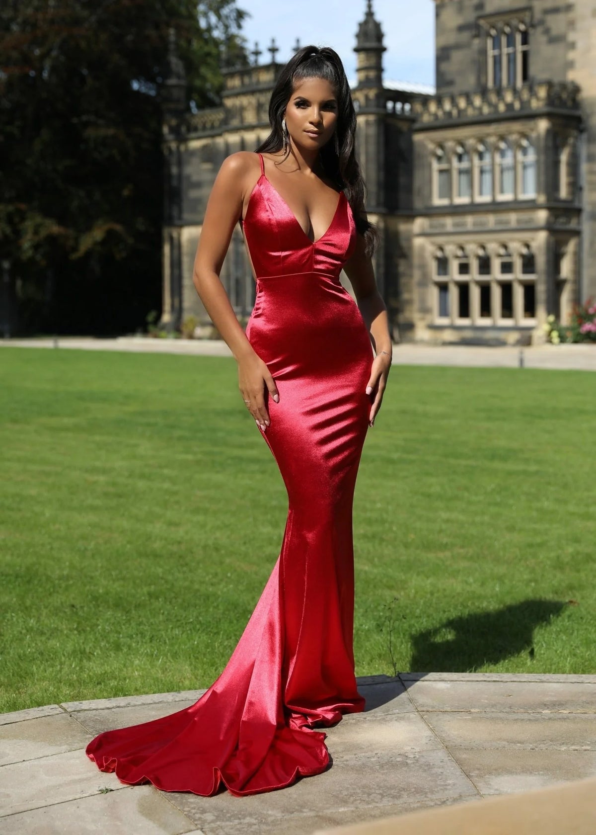 Love Affair Satin Gown with Ruched Back Red