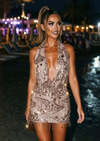New Vibrations Cowl Tassel Mini Dress Brown
