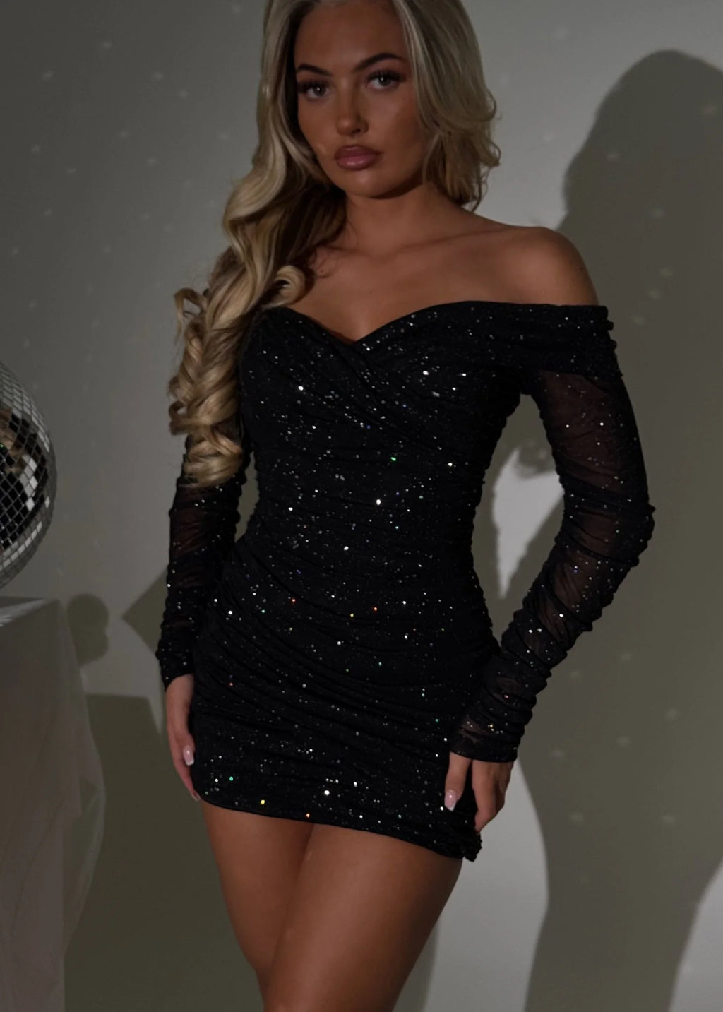 Kylie Sparkle Mesh Mini Dress Black Sparkle