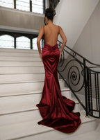 Love Affair Satin Gown with Ruched Back Wine