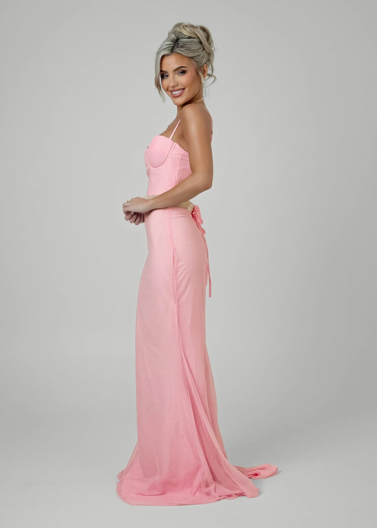 Secret Love Glitter Mesh Gown with Diamante Belt Pink