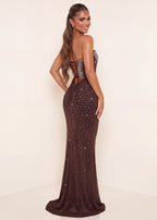 Diamond Elegance Embellished Mesh Maxi Dress Brown