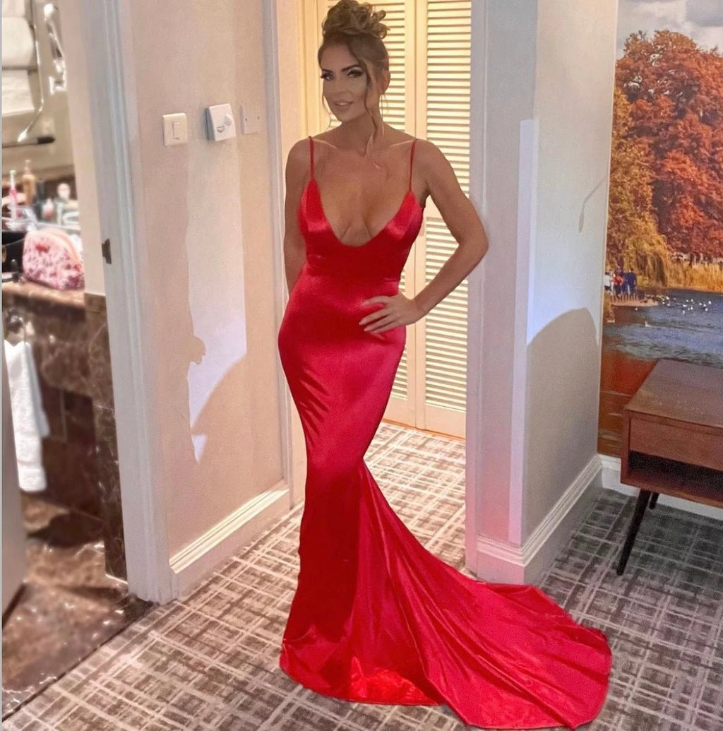 Love Affair Satin Gown with Ruched Back Red