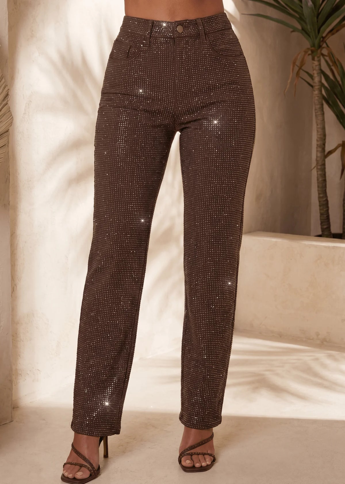 Inner Sparkle Embellished Diamante Jeans Brown