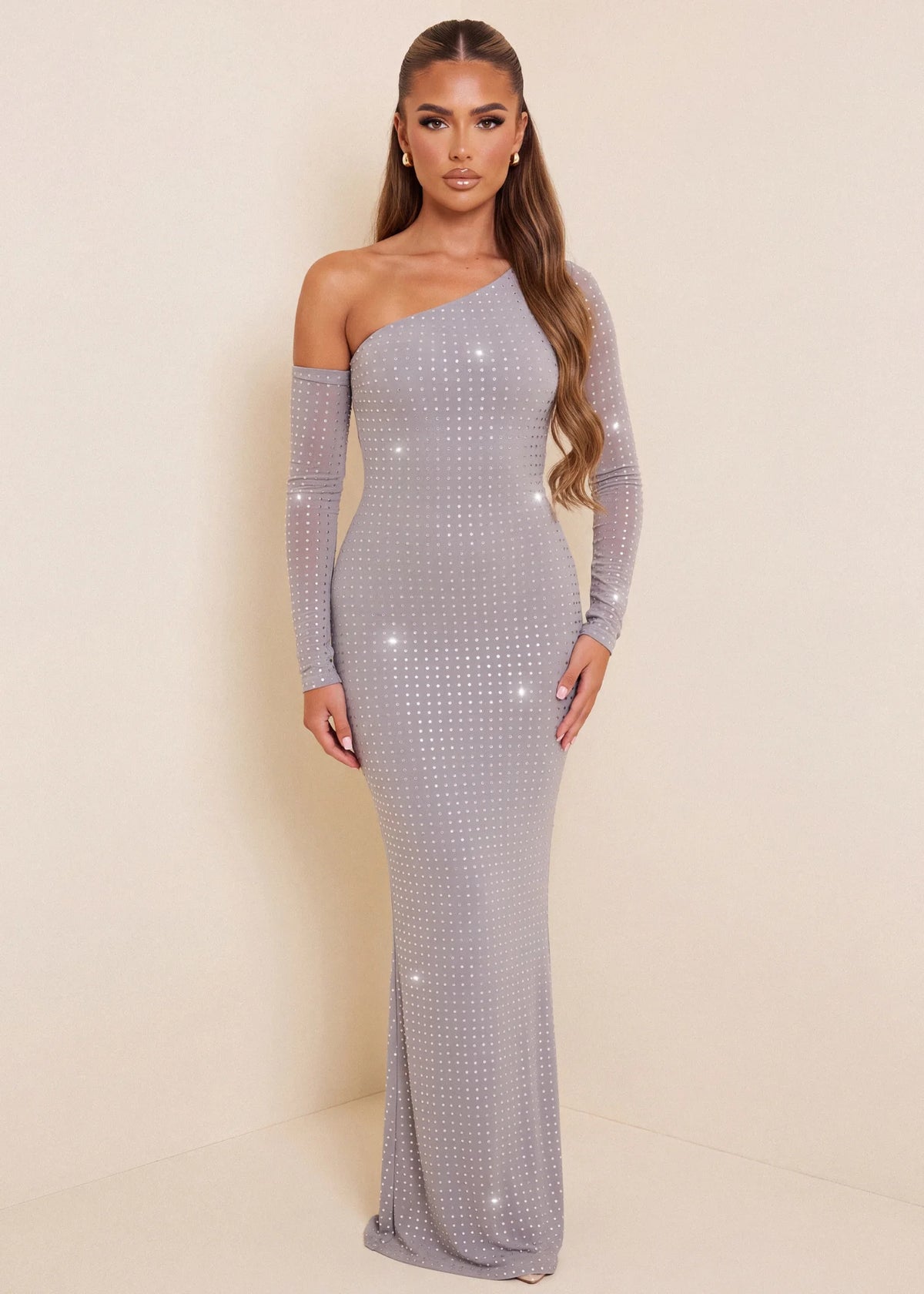 Show Stopper Asymmetric Long Sleeve Maxi Dress Silver