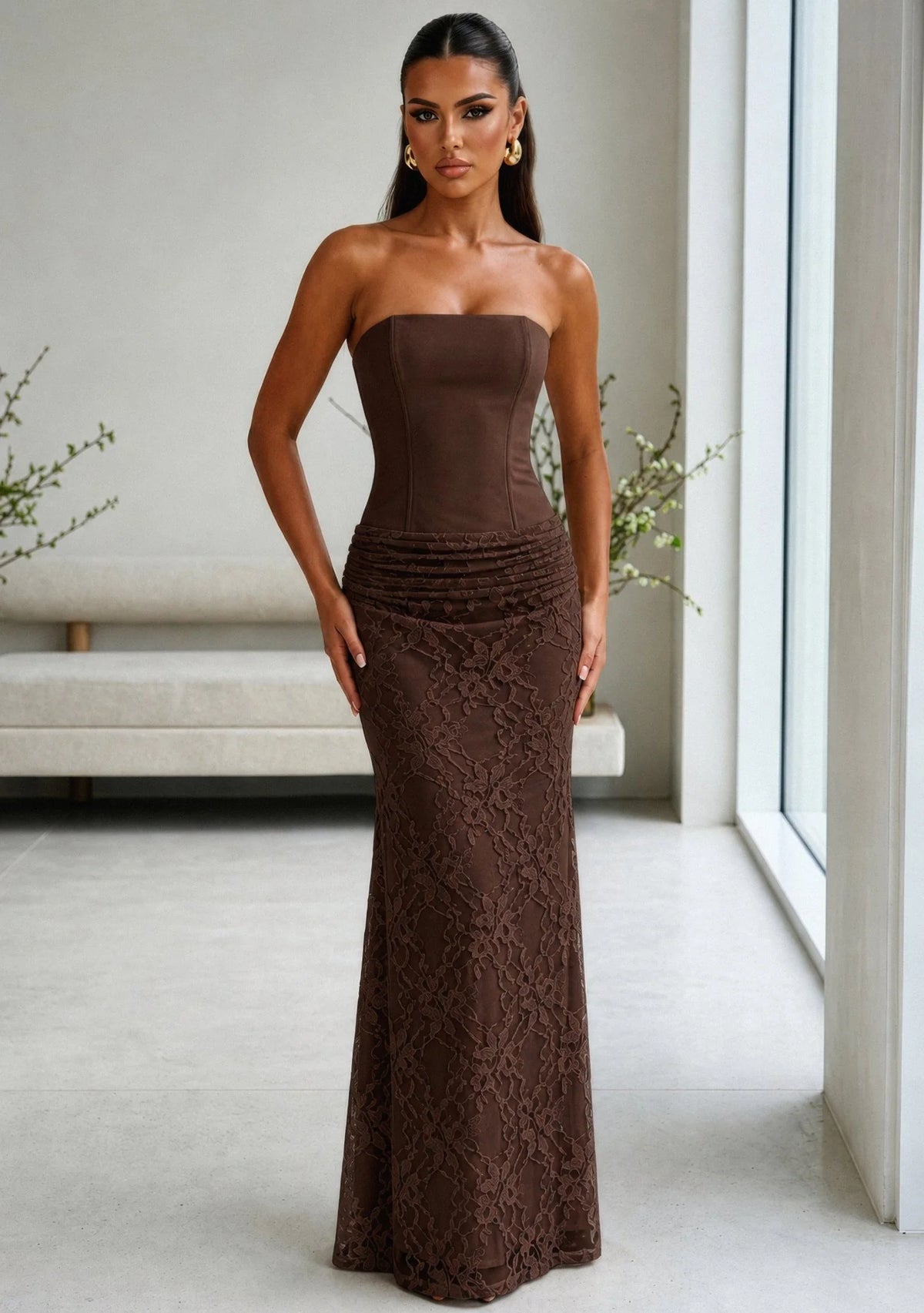 Delicate Desire Corset Lace Maxi Dress Brown