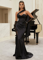 Shadowed Beauty Satin Gown with Neck Scarf Black